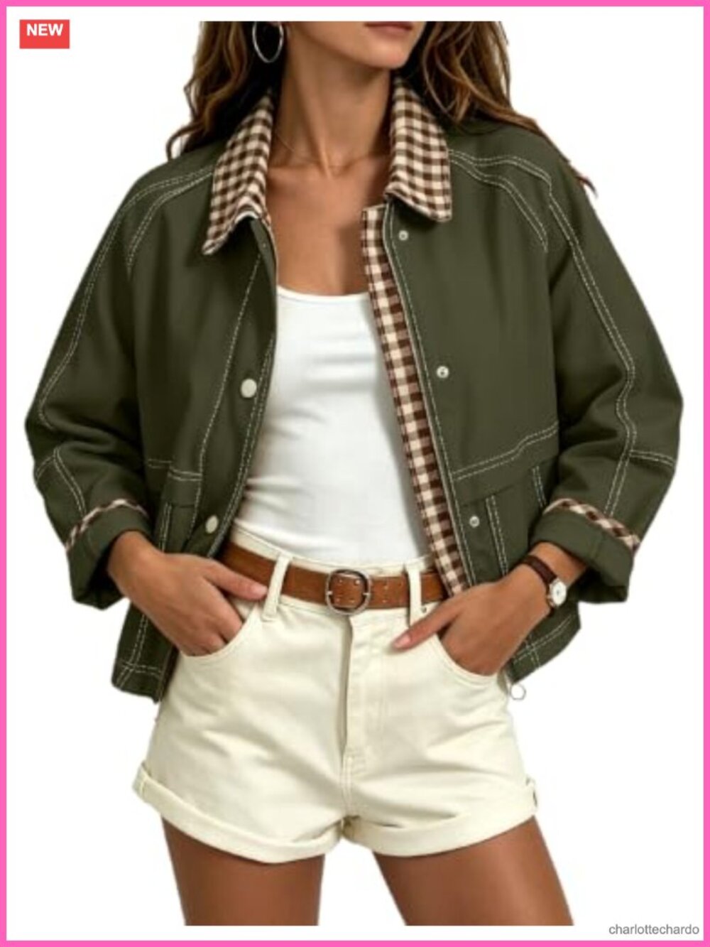 Women's Cropped Plaid Bomber Jacket Lightweight Cotton Utility Coat